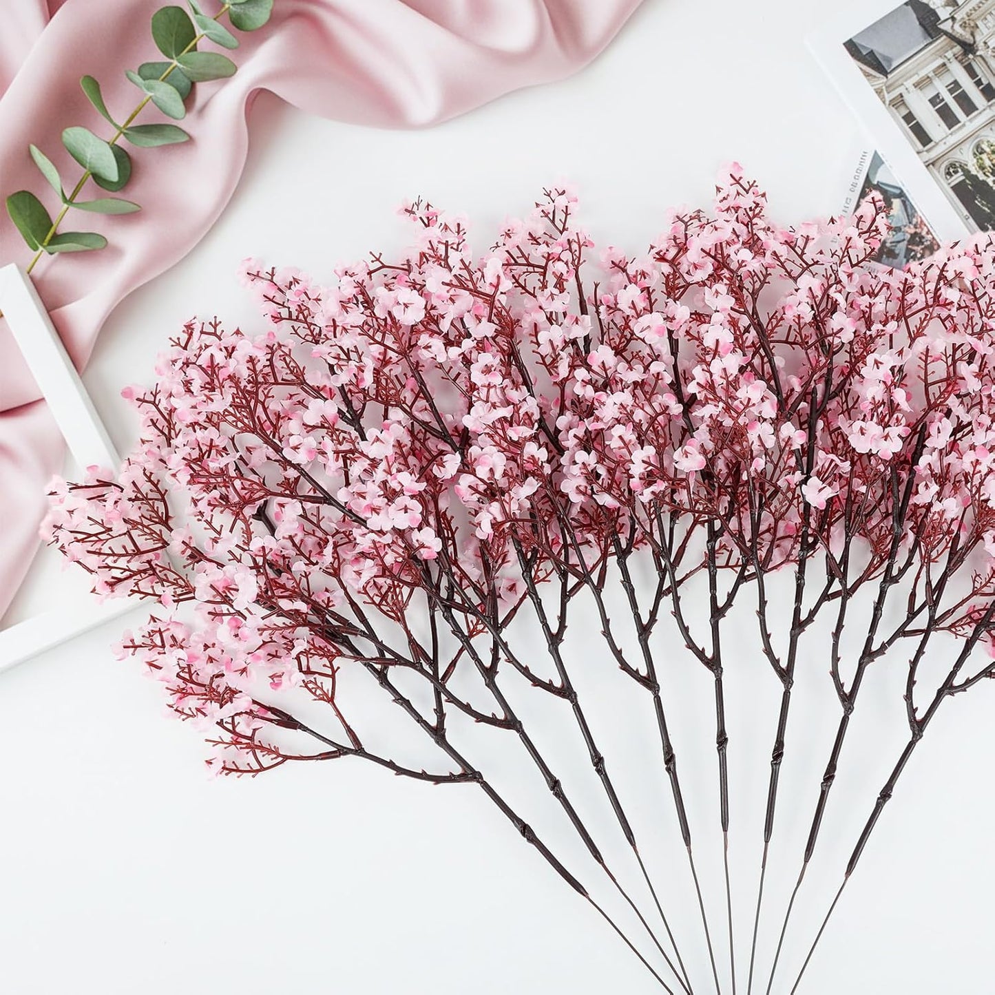 Babys Breath Artificial Flowers, 8 Bundles Cherry Blossom Pink Real Touch Fake Silk Flowers Bulk for Vase Home Office Wedding Spring Indoor Outdoor Centerpiece Table Mother's Day Decorations