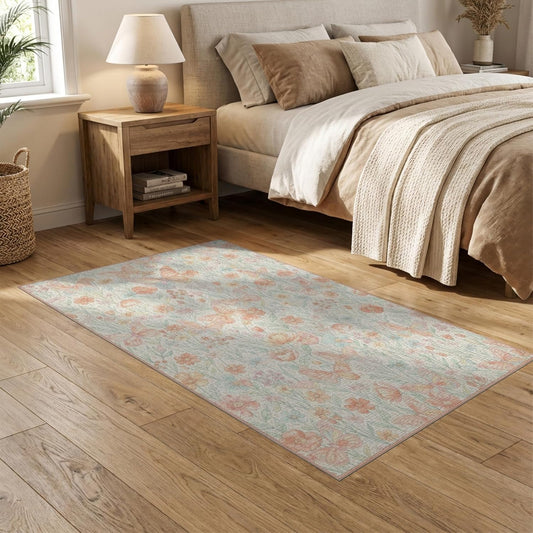 5'x7' Washable Cottagecore Floral Area Rug, Peach Non-Shedding Pet Friendly Carpet Easy Care Kids Safe Mat for Small Living Room, Playroom, Bedroom | Ref:2168313