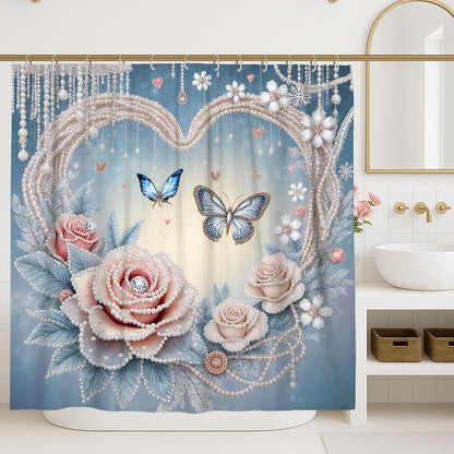 Rose Shower Curtain, Romantic Elegant Butterfly Pearl Spring Pastel Peach Washable with Hooks Toile Cloth Shower Curtains for Bathroom Toile Guest Room Decor 72x72 Inch
