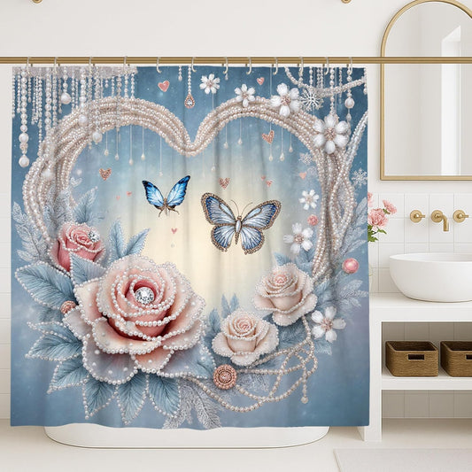 Rose Shower Curtain, Romantic Elegant Butterfly Pearl Spring Pastel Peach Washable with Hooks Toile Cloth Shower Curtains for Bathroom Toile Guest Room Decor 72x72 Inch