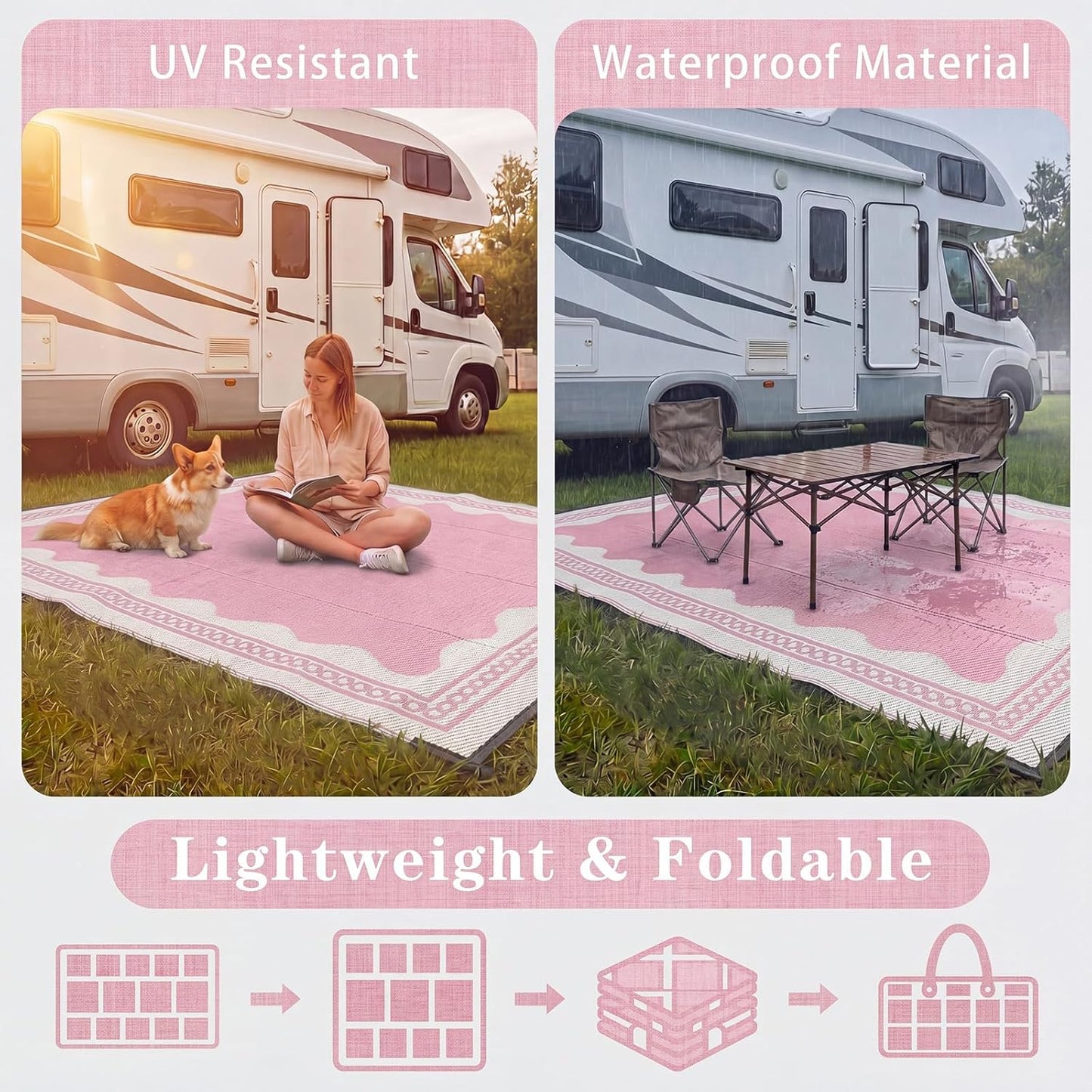 Dunzy Scalloped Outdoor Patio Rug, 5 x 8 ft Non-Slip Plastic Straw Scalloped Carpet Waterproof Indoor Outdoor Area Mat for Outside Rv Camping Deck Pool Beach Porch Backyard(Pink)
