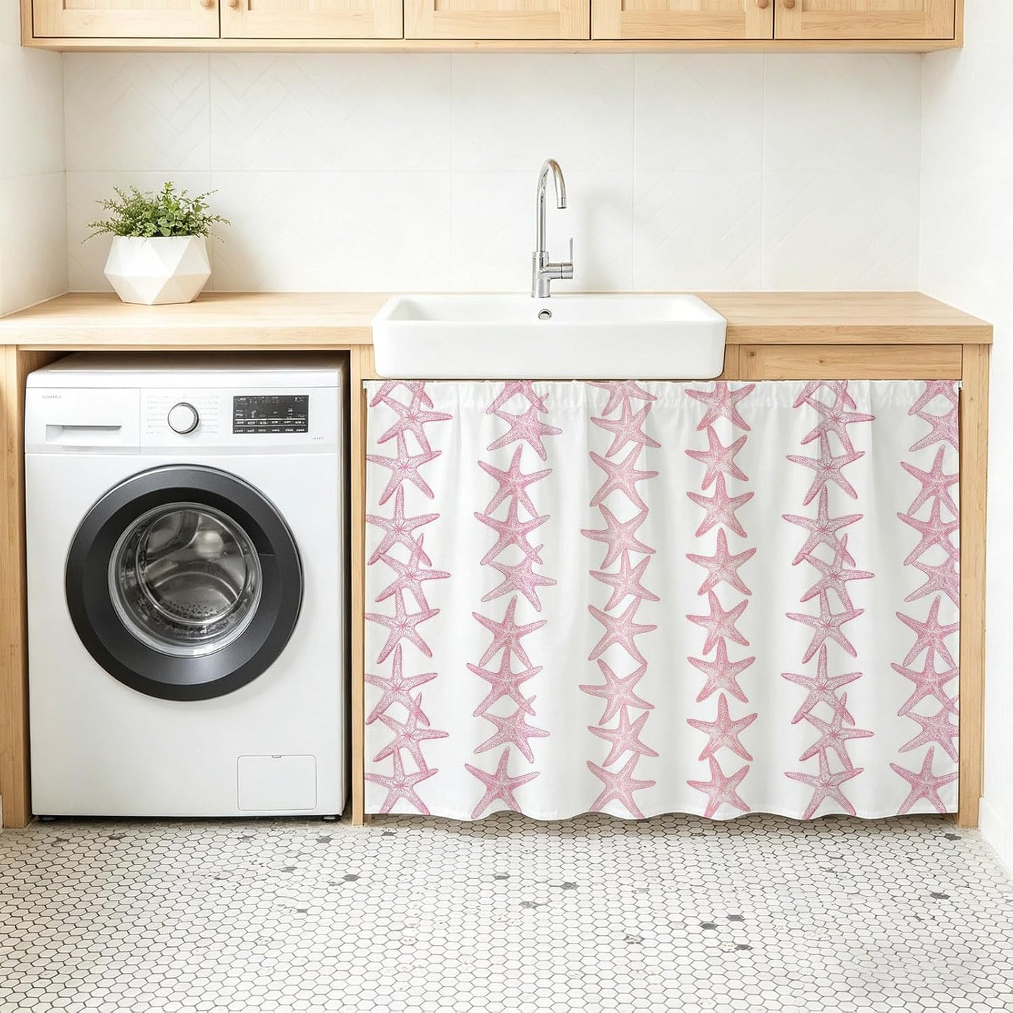 Light Pink Starfish Coastal Small Sink Skirt, Bathroom Vanity Cabinet Adhesive Curtain, Nautical Summer Ocean Modern Utility Under Sink Cover Decorative Kitchen Cabinet Curtains 10"x11"