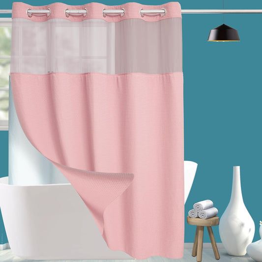 Conbo Mio No Hook Waffle Weave Shower Curtain with Snap in Liner Set, Hotel Luxury Pink Shower Curtains for Bathroom with See Through Top Window, Waterproof, Washable 71W x 74H