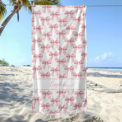 Preppy Pink Bow Beach Towel - Aesthetic Girly Microfiber Pool Towels 60x30 Inches for Bathroom Pool Gym Yoga, Gifts for Girls Lady