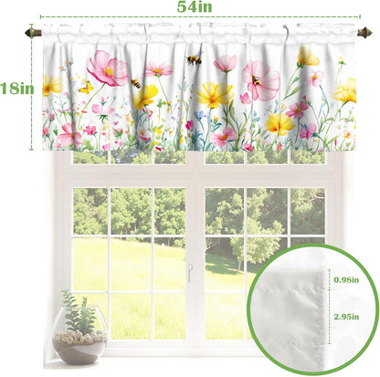 Spring Floral Window Valance for Kitchen 54"x18" Pink Yellow Wildflowers Flowers Bees Short Curtains Farmhouse Decorative Rod Pocket Window Valance for Living Room, Bedroom, Bathroom