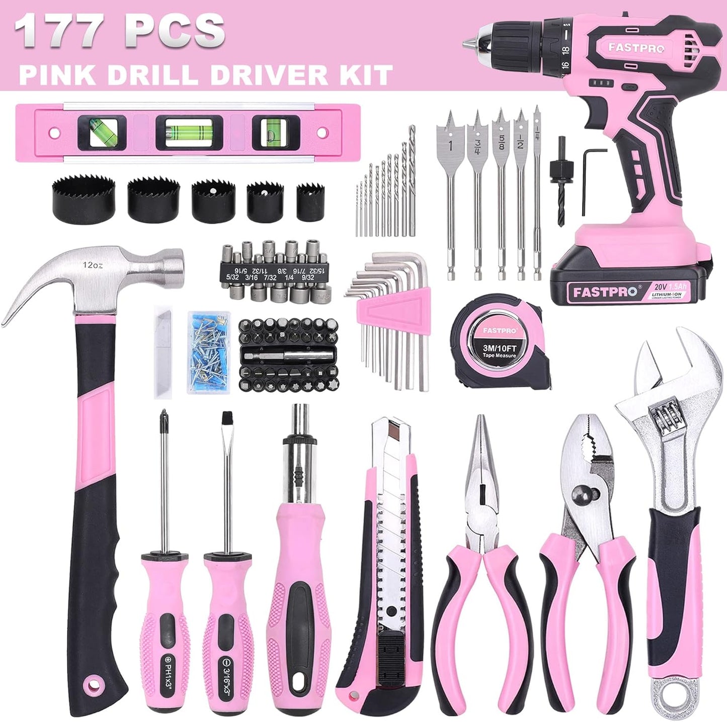 FASTPRO 177-Piece 20V Pink Cordless Drill Driver and Home Tool Set, Lady's Home Repairing Tool Kit with Drill in Storage Case