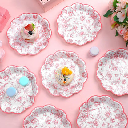 100 Pcs Pink Floral Paper Plates Disposable Dessert Baby bridal Shower Party Supplies Floral Dessert Plates Bulk Birthday Tea Party Serving Tray for Wedding Birthday