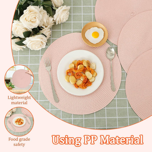 8 PCS Braided Placemats, 15'' Round Woven Placemats Set, Non-Slip Heat Resistan Rattan Round Table Mats, Kitchen Place Mats for Dining Pots Pans, Indoor Outdoor Use(Blush)