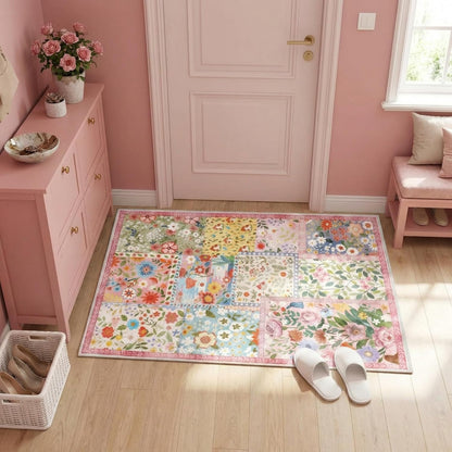 Dunzy 2x3ft Pink Floral Quilted Door Mat Flower Cute Pastel Spring Patchwork Rug Washable Non Slip Carpet for Entryway Bedroom Living Room Kitchen Laundry Front Indoor