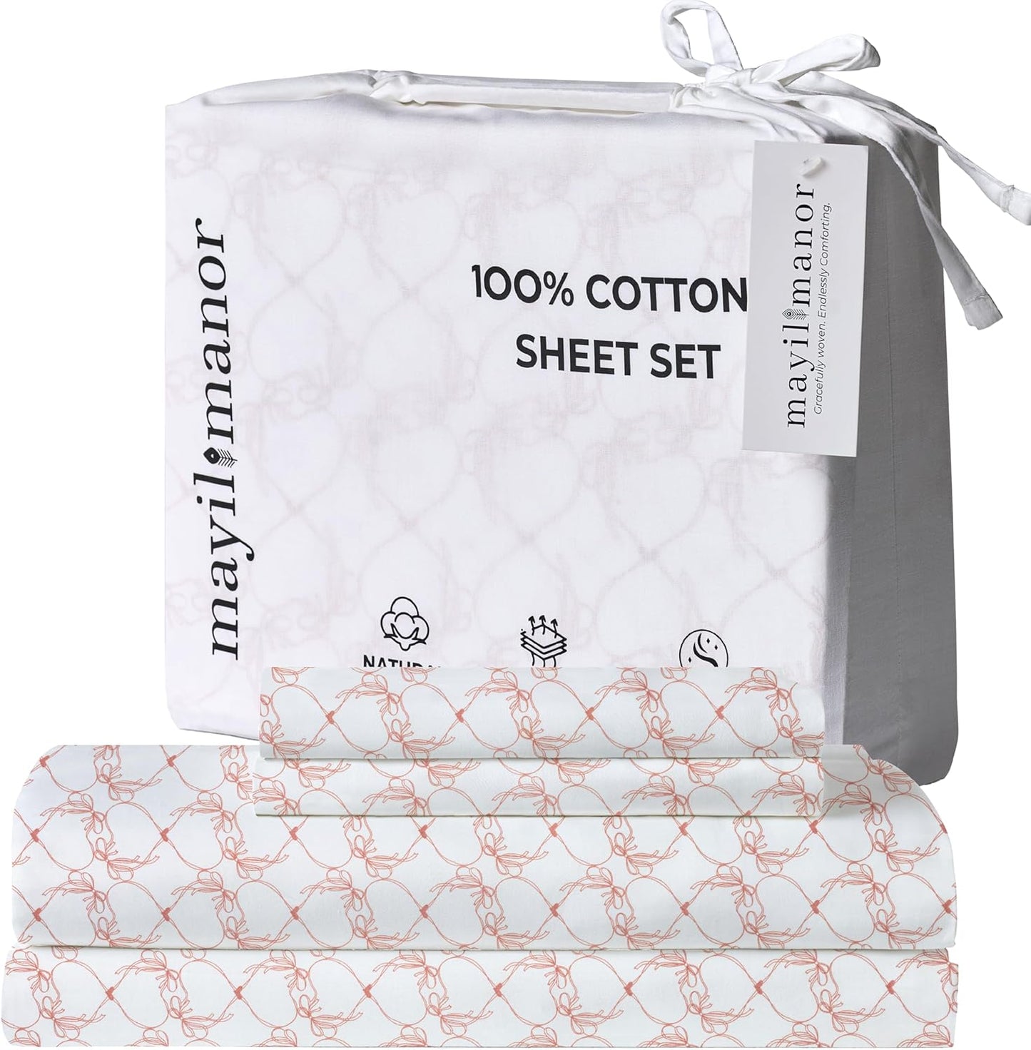 Full Size Fitted Sheet with 18" Deep Pockets, Flat Sheet - Percale Weave Natural - Breathable 100% Cotton Bedding, 1 Fitted Sheet + 1 Flat Sheet + 2 Pillowcases - Pink Bows Print