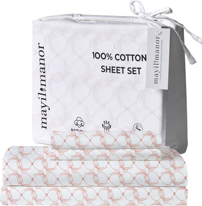 Full Size Fitted Sheet with 18" Deep Pockets, Flat Sheet - Percale Weave Natural - Breathable 100% Cotton Bedding, 1 Fitted Sheet + 1 Flat Sheet + 2 Pillowcases - Pink Bows Print