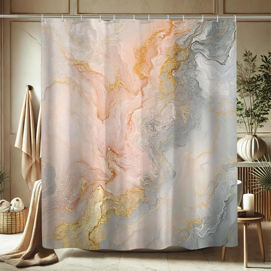 Abstract Marble Shower Curtain, Peach and Gray Bathroom Decor for Modern Aesthetic, Elegant Waterproof Fabric Shower Curtain Set with Hooks 62x72 Inch