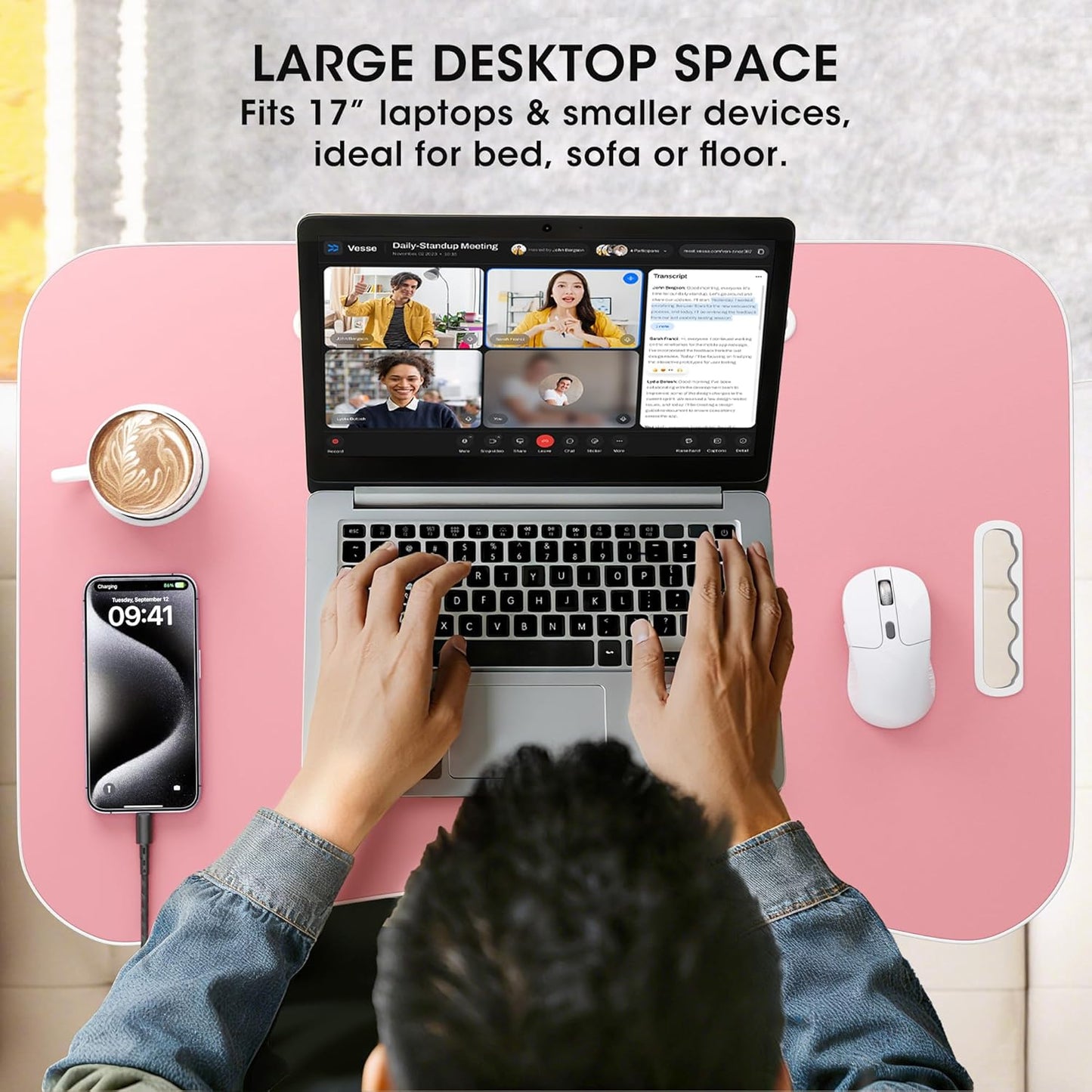 Folding Lap Desk, 23.6 Inch Wood Laptop Bed Desk with Cup Holder, Portable Bed Table for Working Writing Reading & Eating for Bed, Sofa, Couch, Floor - Pink