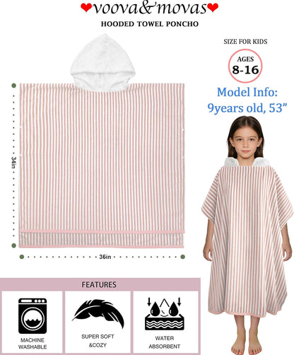 VOOVA & MOVAS Hooded Poncho Towel for Teens Unisex 100% Cotton Soft Pastel Beach Pool Bath Cover Up Blush Pink White Thin Stripe with White Hood