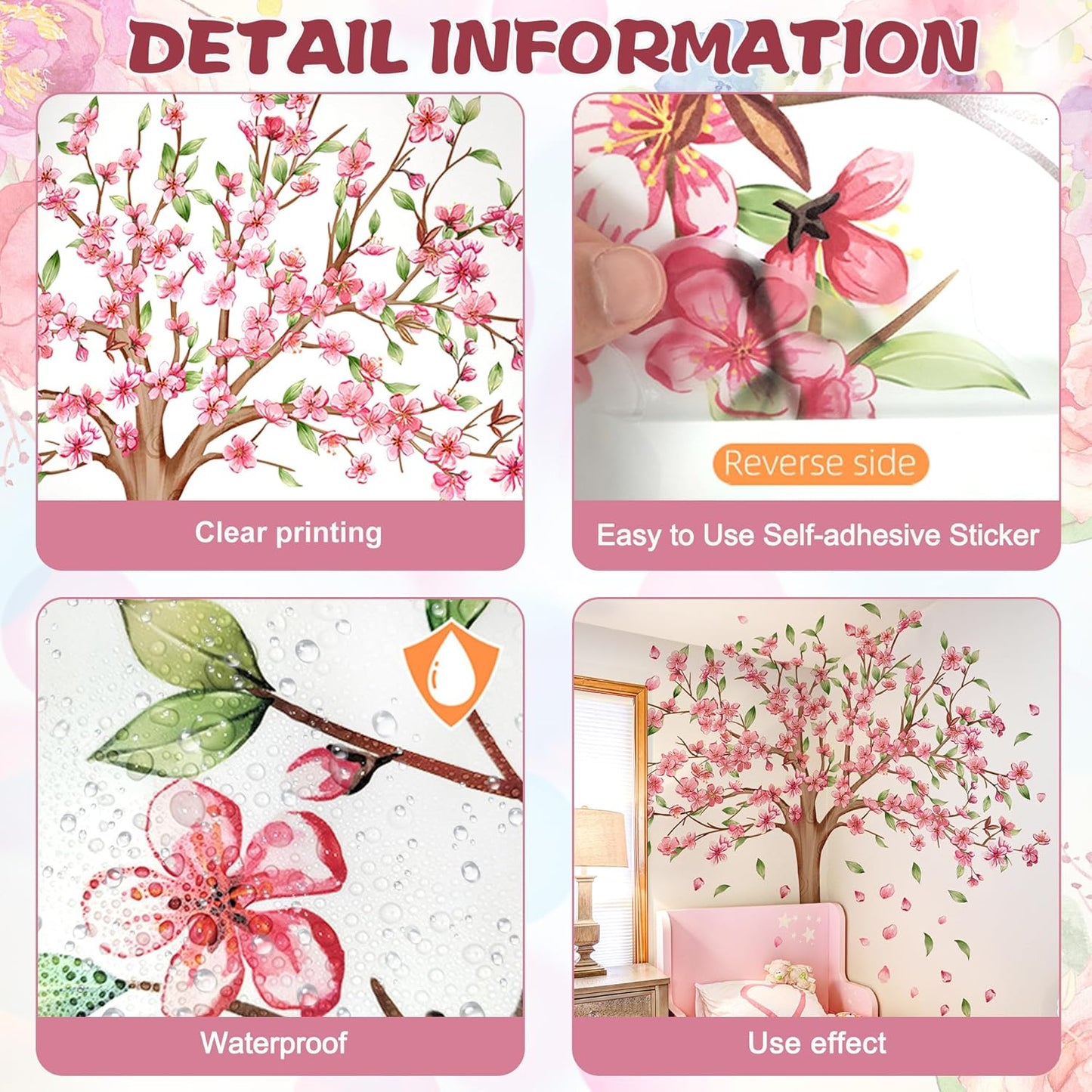 Large Cherry Blossom Tree Wall Decals Pink Peach Flowers Wall Stickers Tree Branch Birds Floral Green Leaves Wall Art Plum Blossom Vinyl Removable Wallpaper for Kids Nursery Home Decor 9265