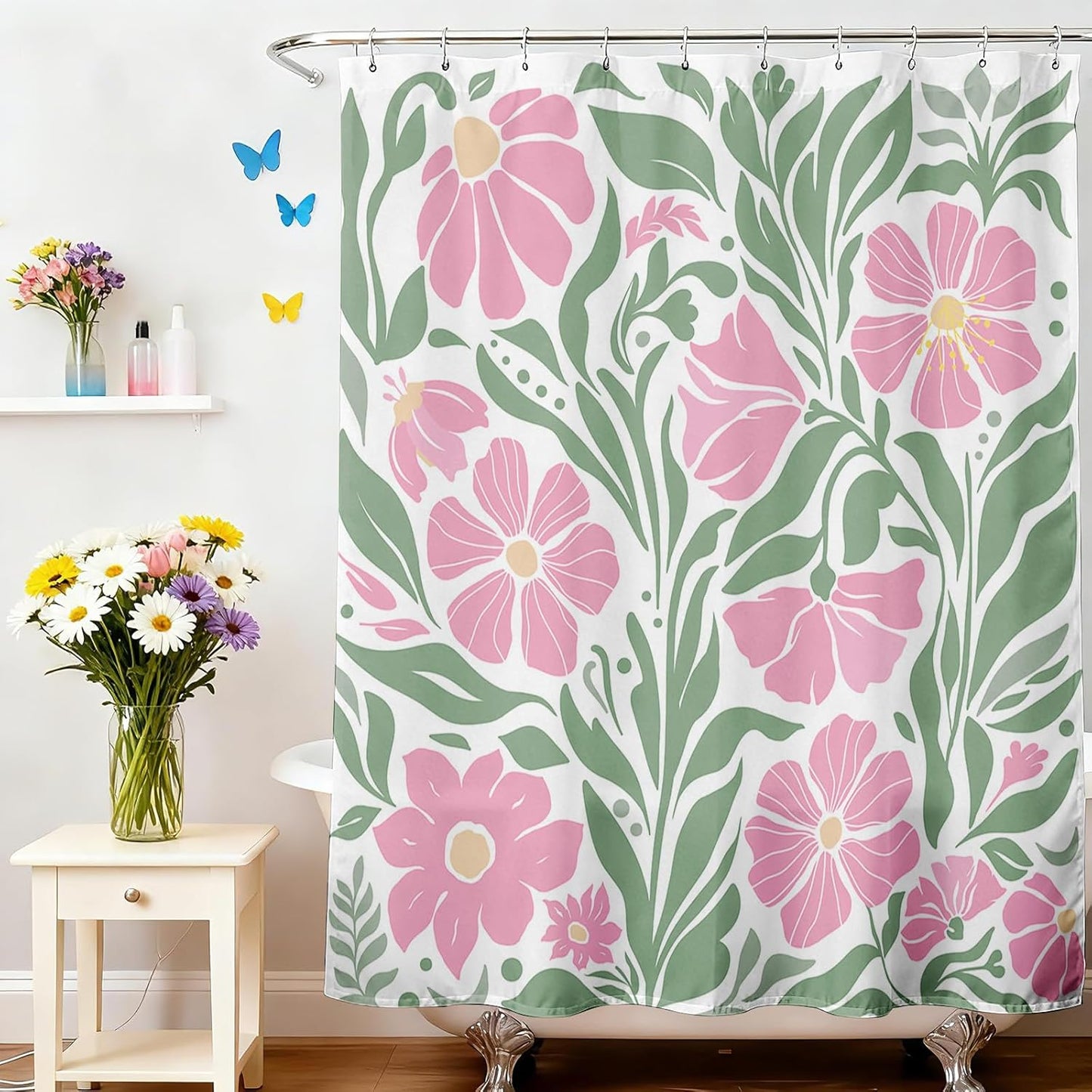 Mocsicka Boho Flower Shower Curtain Aesthetic Floral Shower Curtains for Bathroom Modern Abstract Bathroom Decor Waterproof Funky Cute Bath Curtain with Hooks (Pink, 71x71 inch)