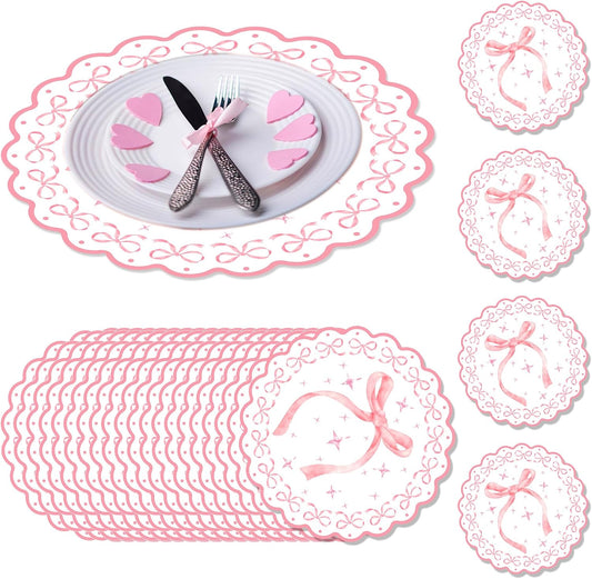 24 PCS 11.8 Inch Round Pink Bow Disposable Paper Placemats, Decorative Scalloped Edge Table Mats, Pink Bow Themed Place Mats for Bachelorette, Bridal Shower, Wedding, Birthday Party Table Setting