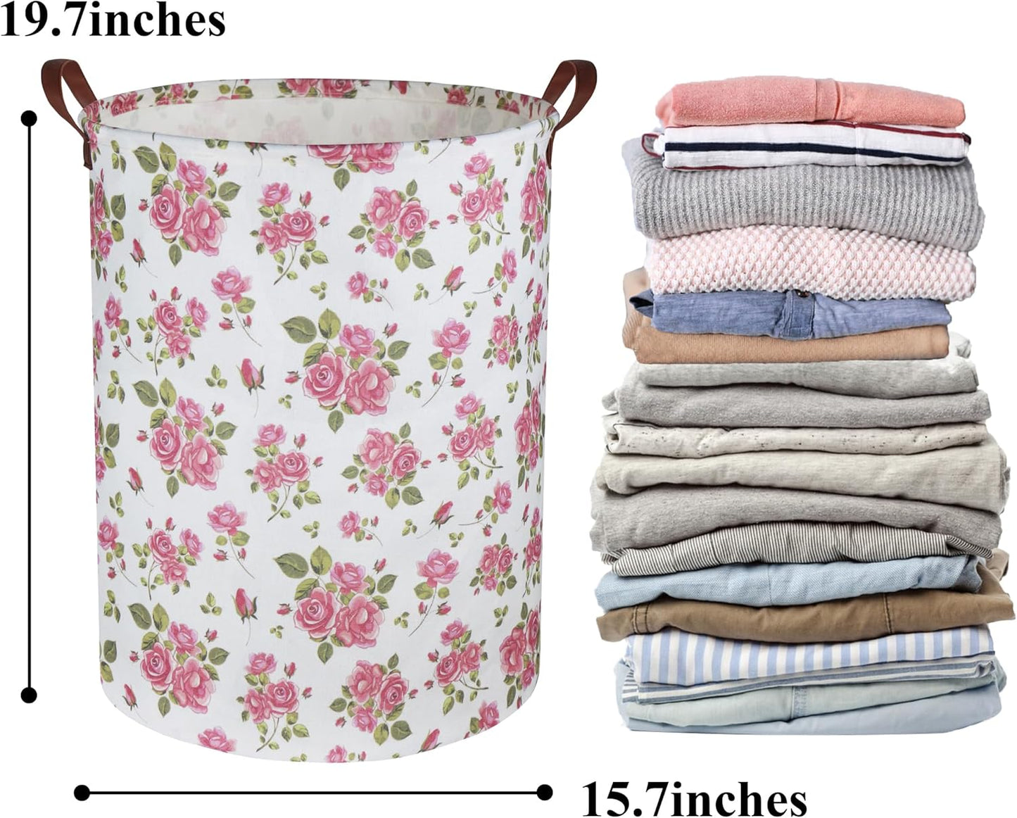 Roses Pink Laundry Basket Baby Girls Laundry Hamper Kids Toy Storage Bins Organizer Gift Basket Pink Rose Bedroom Decor Bathroom(Pink Rose)