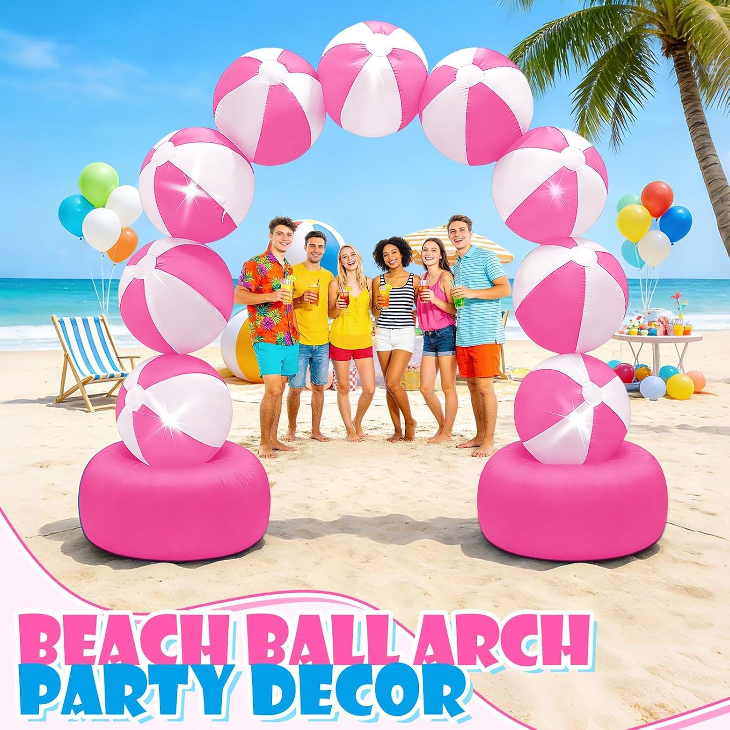 8FT Inflatable Beach Ball Arch Built-in 5 LED Lights Pink Blow Up Archway for Summer Outdoor Decorations Tropical Luau Carnival Pool Beach Birthday Party Supplies Yard Garden Lawn Photo Backdrop