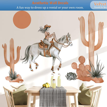 Cowgirl Horse Wall Decals Peel and Stick - Boho Cactus Sun Western Girl Riding Horse Vinyl Sticker Mural for Kids Room, Nursery, Bedroom - Desert Safari Animal Theme Removable Wall Art Mural
