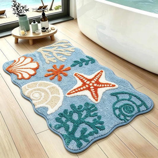 Summer Beach Bathroom Rug 20x32Inch, 3D Textured Starfish Shell Scalloped Bath Mat, Soft Microfiber Absorbent Non-Slip High-Low Pile Washable Bath Rug for Bathroom, Kitchen, Entryway