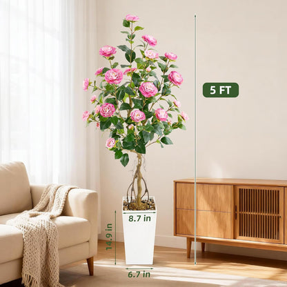 5FT Artificial Camellia Tree with White Tall Planter, Pink Faux Plant Indoor Outdoor, Faux Camellia Plants for Porch, Living Room & Office Decor