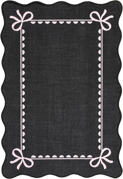 GarveeHome Scalloped Bow Rug for Living Room, Solid Rug for Dorm, Washable Rugs 5x7 Soft Low Pile Non Slip Scalloped Rugs for Nursery College Bedroom Decor Kids Room Playroom, Black Pink
