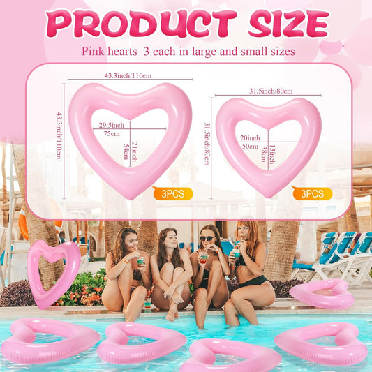 Lenwen 6 Pack Inflatable Heart Pool Float 43''/ 31'' Blow up Heart Shaped Swimming Tube for Valentines Wedding Bachelorette Bride Pool Floaty Beach Party Toys Gifts(Pink)