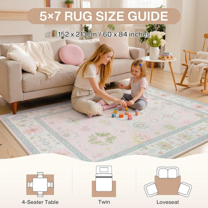 Tribesigns Boho Oushak 5x7 Washable Area Rug for Girls Bedroom, Soft Pastel Pink Nursery Rug Living Room, Oriental Floral Non-Slip Ultra Thin Indoor Carpet for Dorm Kids Playroom