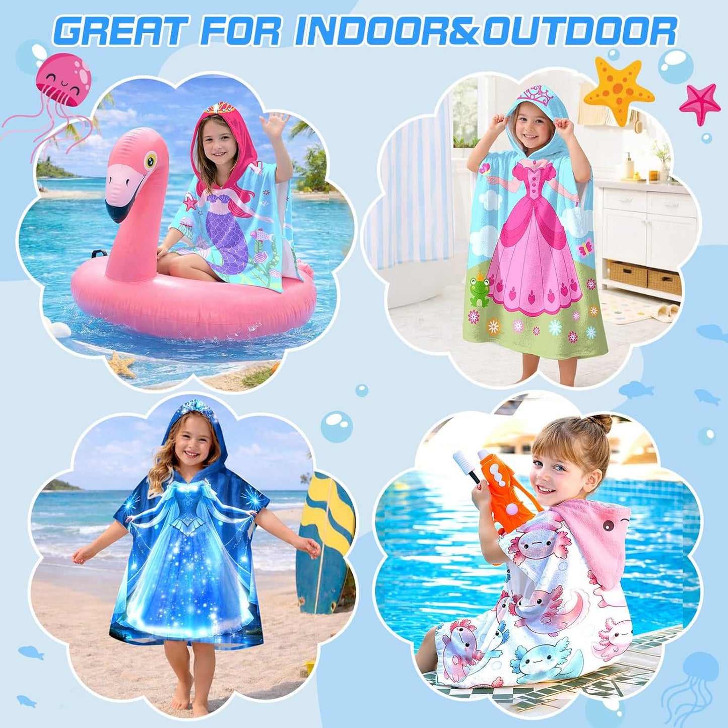Axolotl Kids Hooded Beach Towel Wrap for 4-12 Years, Soft Absorbent Bath Poncho with Pink Axolotl Bubbles Print, Quick Dry Swim Cover Up for Pool, Beach, Vacation and Bathroom, 31x39 Inch