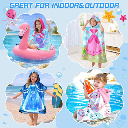 Axolotl Kids Hooded Beach Towel Wrap for 4-12 Years, Soft Absorbent Bath Poncho with Pink Axolotl Bubbles Print, Quick Dry Swim Cover Up for Pool, Beach, Vacation and Bathroom, 31x39 Inch