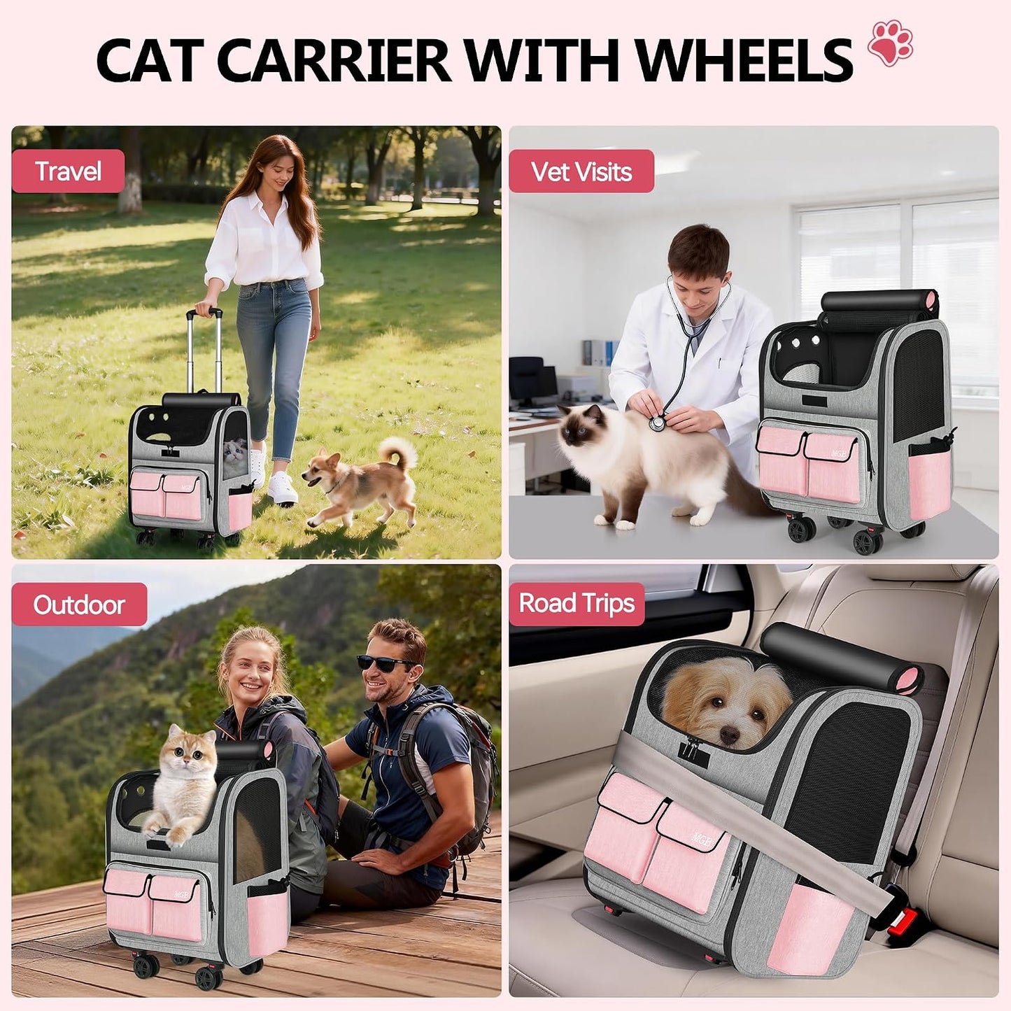 MGB Large Pet Carrier, Foldable Rolling Dog Carrier with Removable Wheels, Cat Rolling Bag 21.3"x15"x12.2" for 2 Cats & 1 Dog for Travel, Outdoor, Vet Visits, Camping, Indoor. Pink. (Not for Airline)