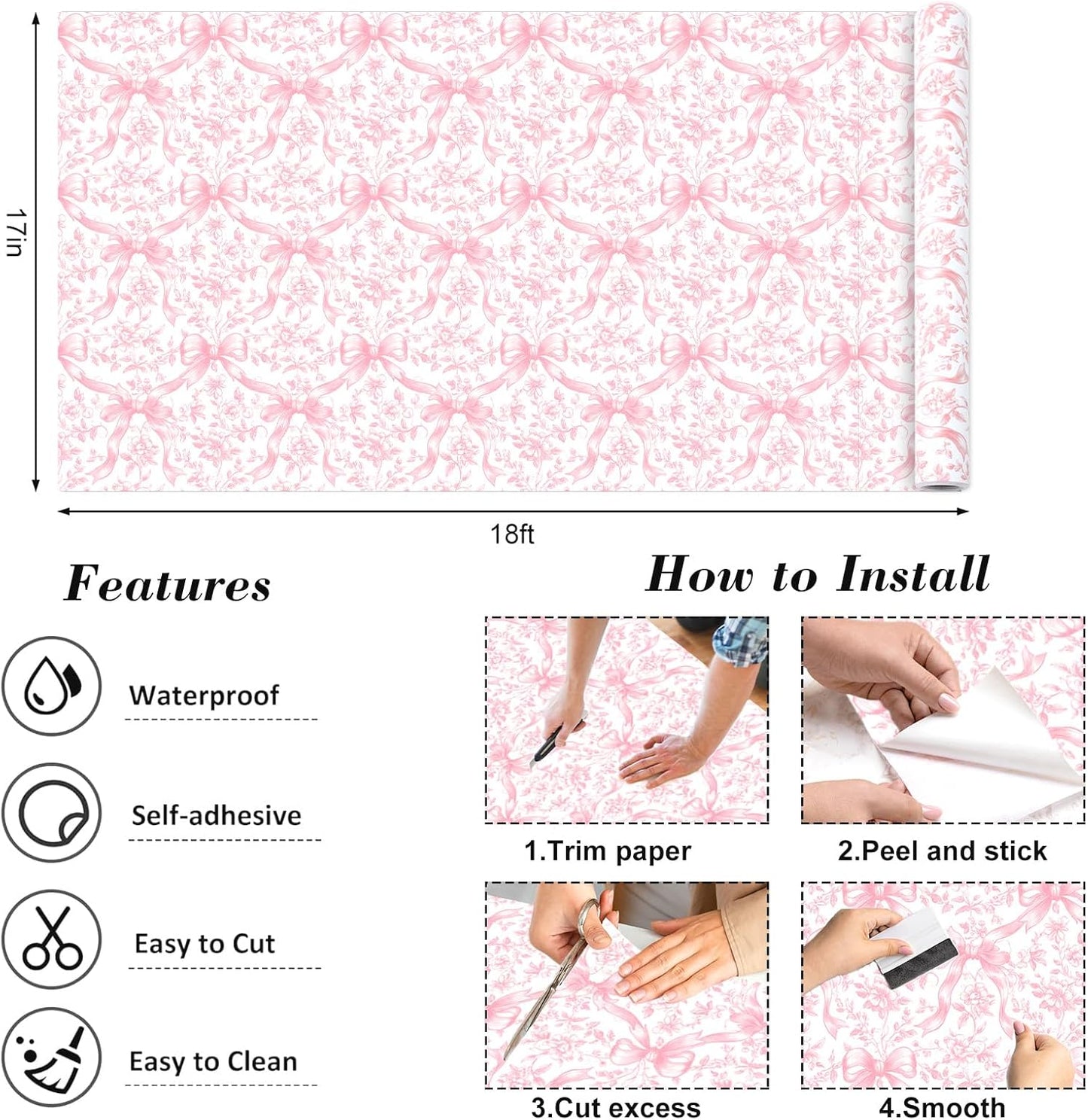 FYSUIMU Pink Bow Floral Peel and Stick Wallpaper Roll Coquette Bowknot Flower Contact Paper Self-Adhesive Wall Decoration for Home Bedroom Bathroom, 17 in x 18 Ft
