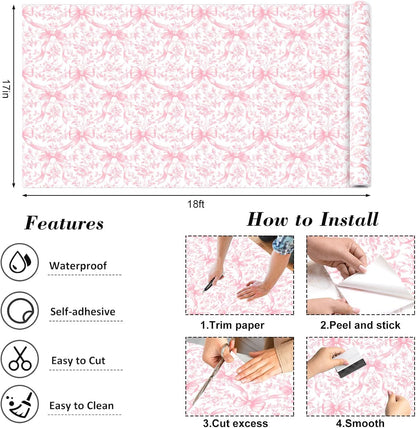 FYSUIMU Pink Bow Floral Peel and Stick Wallpaper Roll Coquette Bowknot Flower Contact Paper Self-Adhesive Wall Decoration for Home Bedroom Bathroom, 17 in x 18 Ft