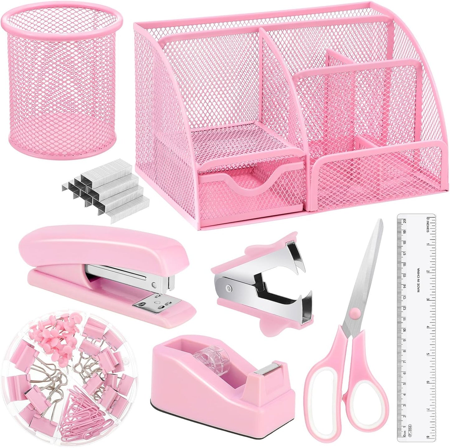 auroray Pink Desk Organizers and Accessories, Pink Office Supplies Include Mesh Desk Organizer, Tape Dispenser, Stapler, 1000 Staples, Staple Remover, Pen Holder, Clips Set, Ruler, Scissors