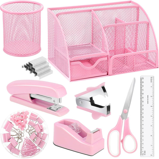 auroray Pink Desk Organizers and Accessories, Pink Office Supplies Include Mesh Desk Organizer, Tape Dispenser, Stapler, 1000 Staples, Staple Remover, Pen Holder, Clips Set, Ruler, Scissors