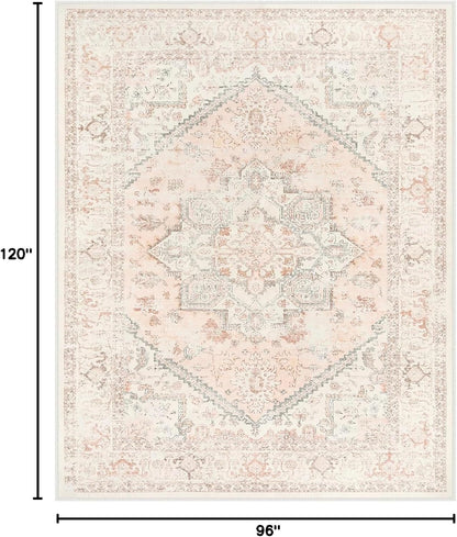 LIVEBOX Pink Area Rug 8x10 - Large Oriental Floral Living Room Rugs Accent Rug for Bedroom, Non-Slip Retro Medallion Carpet Print Distressed Rugs for Dining Room Office (Pink/Peach)