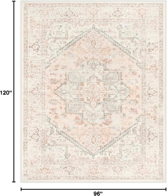 LIVEBOX Pink Area Rug 8x10 - Large Oriental Floral Living Room Rugs Accent Rug for Bedroom, Non-Slip Retro Medallion Carpet Print Distressed Rugs for Dining Room Office (Pink/Peach)