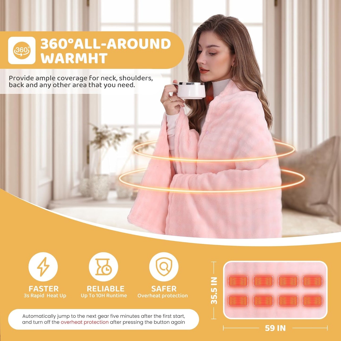 Cordless Heated Blanket, Battery Operated Heating Blanket with 20000mAh Rechargeable Power Bank, Portable Heated Throw Blanket, 59"x 35.5" Electric Heated Shawl, 3 Fast-Heating Levels (Pink)
