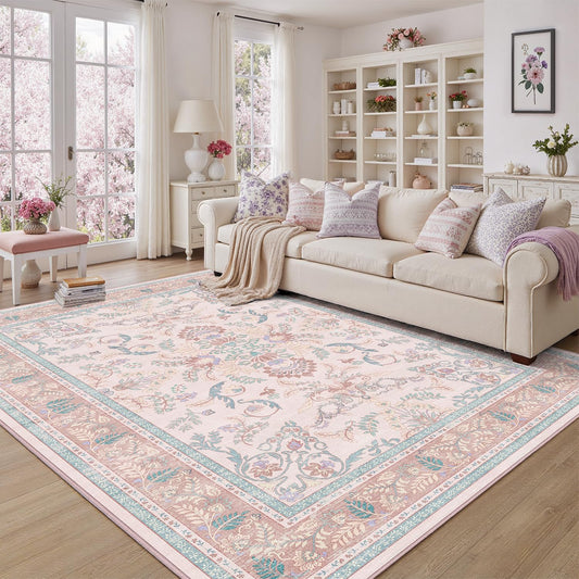DCX 5x7 Pink Vintage Floral Rug, Machine Washable Non Slip Low Pile Carpet for Girl’s Bedroom, Nursery, Dorm, Kid & Pet Friendly Soft Stain Resistant Rug