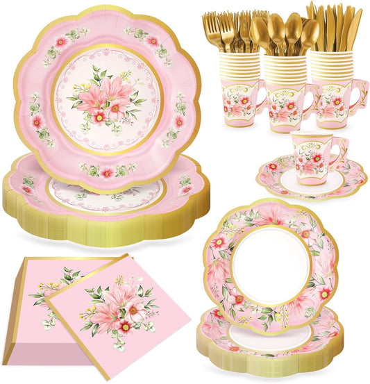 168 PCS Flower Tea Party Supplies, Pink Vintage Floral Paper Plates Napkins Cups Cutlery for 24 Guests, Floral Disposable Plates for Birthday Baby Shower Bridal Shower Wedding Party Decorations