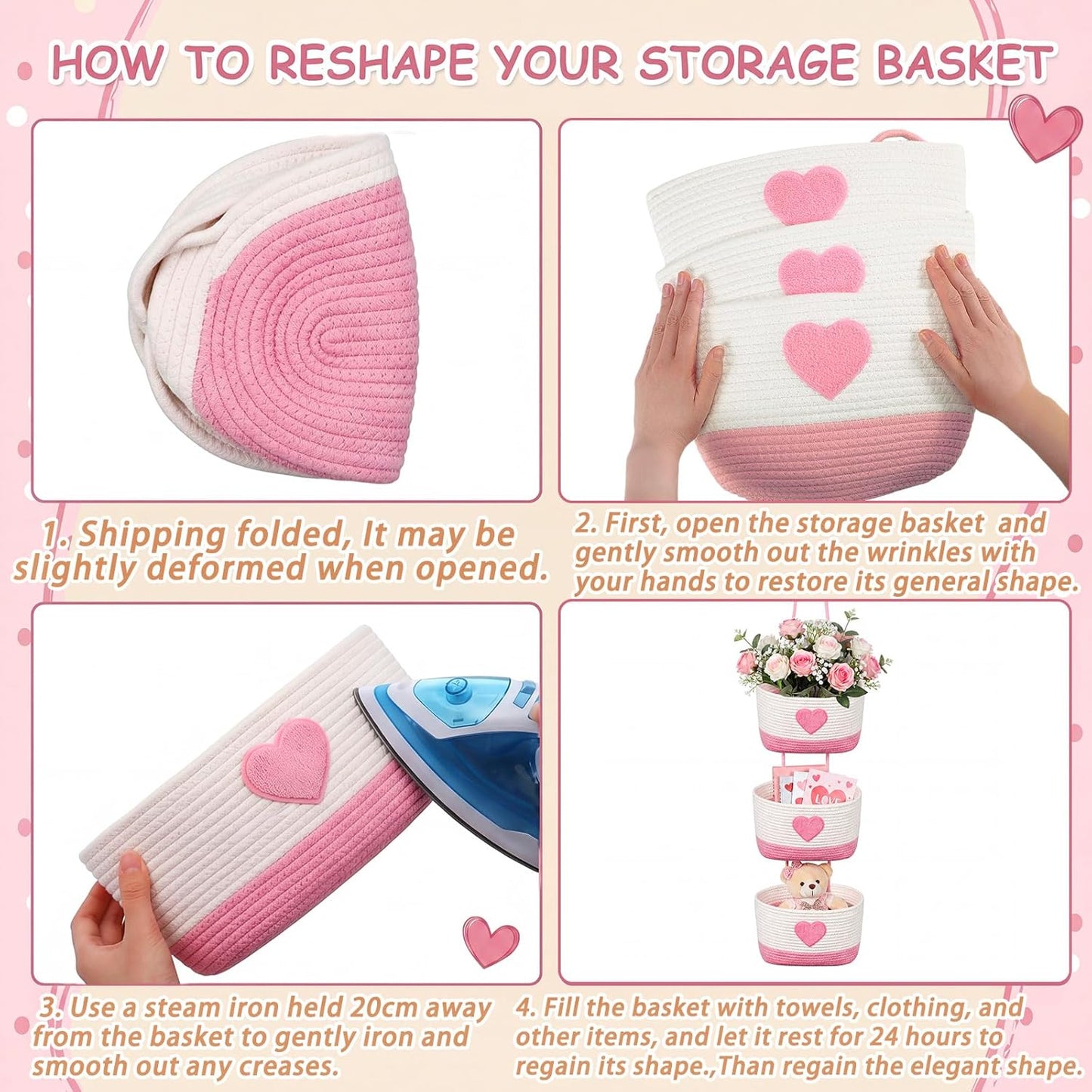 3-tier Heart Theme Cotton Rope Hanging Basket Organizer, Wall Storage Bin with Hooks, Pink White over Door Decorative Nursery Closet Hanging Accessories
