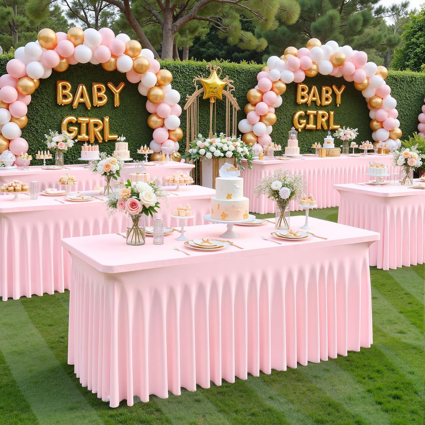 Pink Spandex Tablecloths for Rectangle Tables 6 Foot Pink Stretch Table Cloth Rectangle 6ft Elastic Fitted Table Cover with Skirt for Wedding Baby Shower Girl Birthday Party Banquet Buffet Event