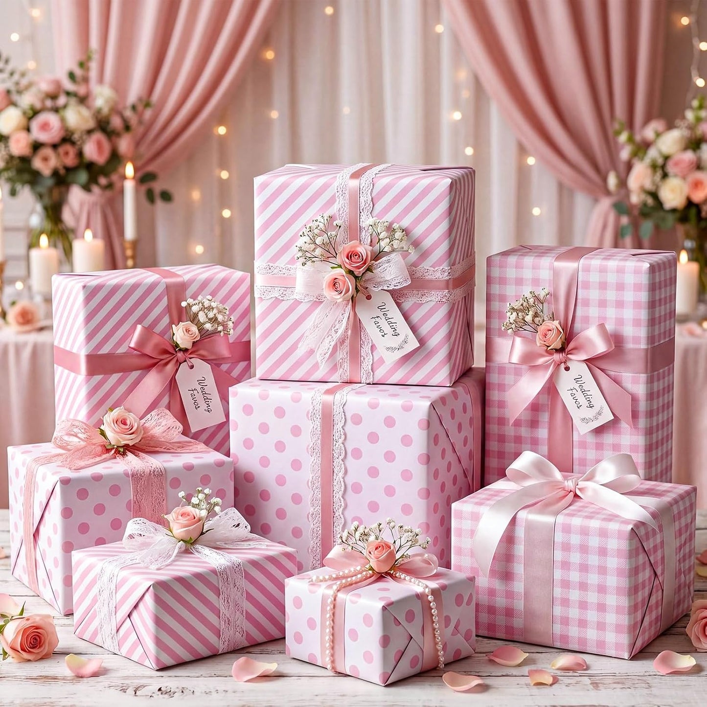 woric Pink Wrapping Paper - Mini Roll - Birthday Wrapping Paper Girls | Wrapping Paper with Gingham Stripe Polka Dot for Women Birthday Baby Shower Girl Wedding - 17 In x 120 In Per Roll