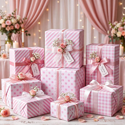 woric Pink Wrapping Paper - Mini Roll - Birthday Wrapping Paper Girls | Wrapping Paper with Gingham Stripe Polka Dot for Women Birthday Baby Shower Girl Wedding - 17 In x 120 In Per Roll