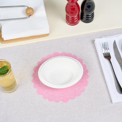 Pastry Tek 8 x 8 Inch Paper Lace Doilies, 100 Disposable Table Doilies - Elegant Lace Finish, Long Lasting, Pink Paper Doily, for Pastries, Cupcakes, Desserts - Restaurantware