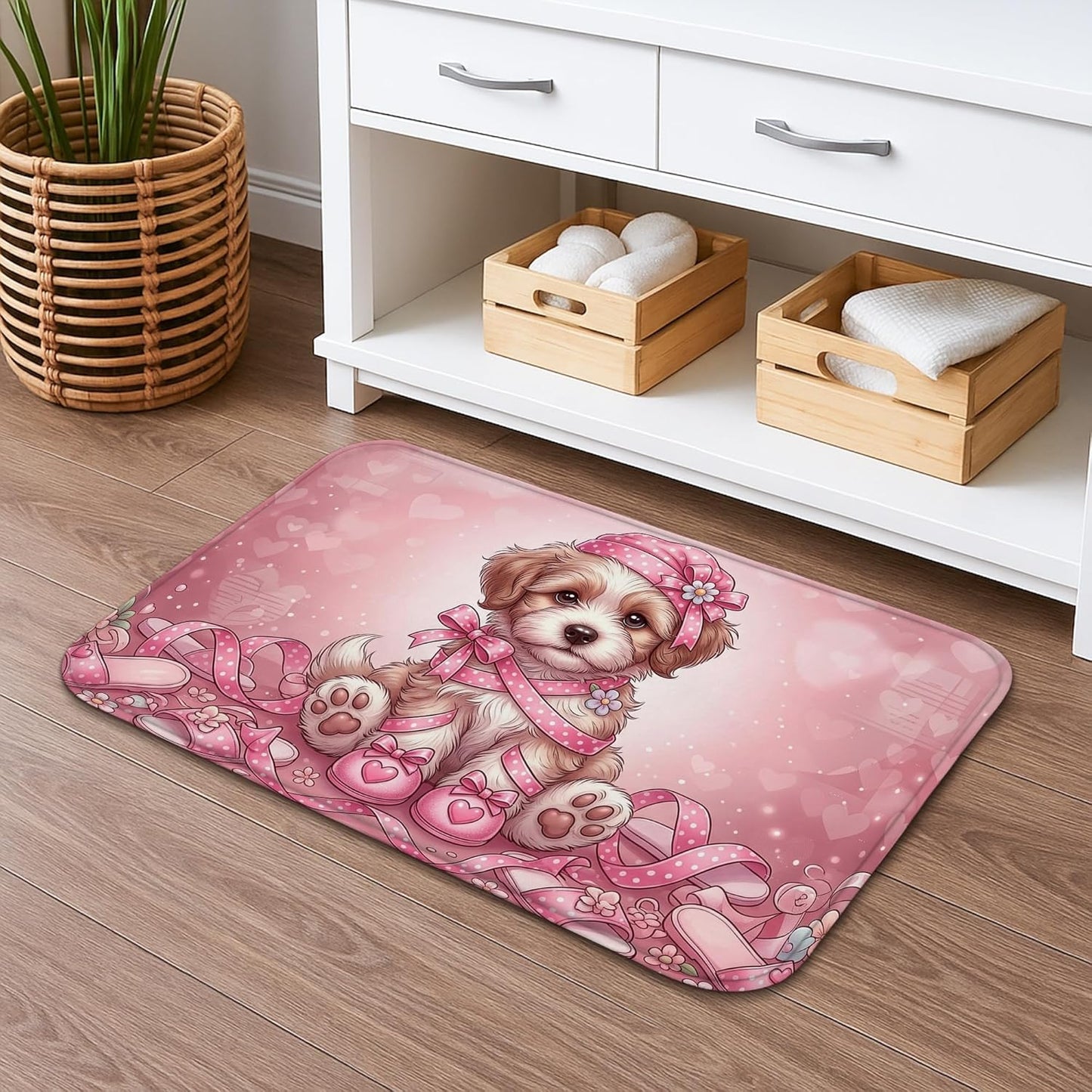 Cute Peach Hearts Quick Dry Bath Mat, Playful Animal Design Absorbent Non Slip Shower Mat, Decorative Washable Bath Rugs for Bathroom Toilet Restroom 20x32 Inch