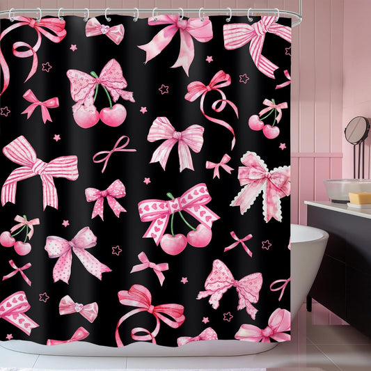 Pink Black Bow Shower Curtain 60Wx72H Inches Cherry Girly Preppy Modern Fruit Pretty Sweet Aesthetic for Girls Teens Cloth Fabric Waterproof Polyester Bathroom Home Decor Set with Hooks