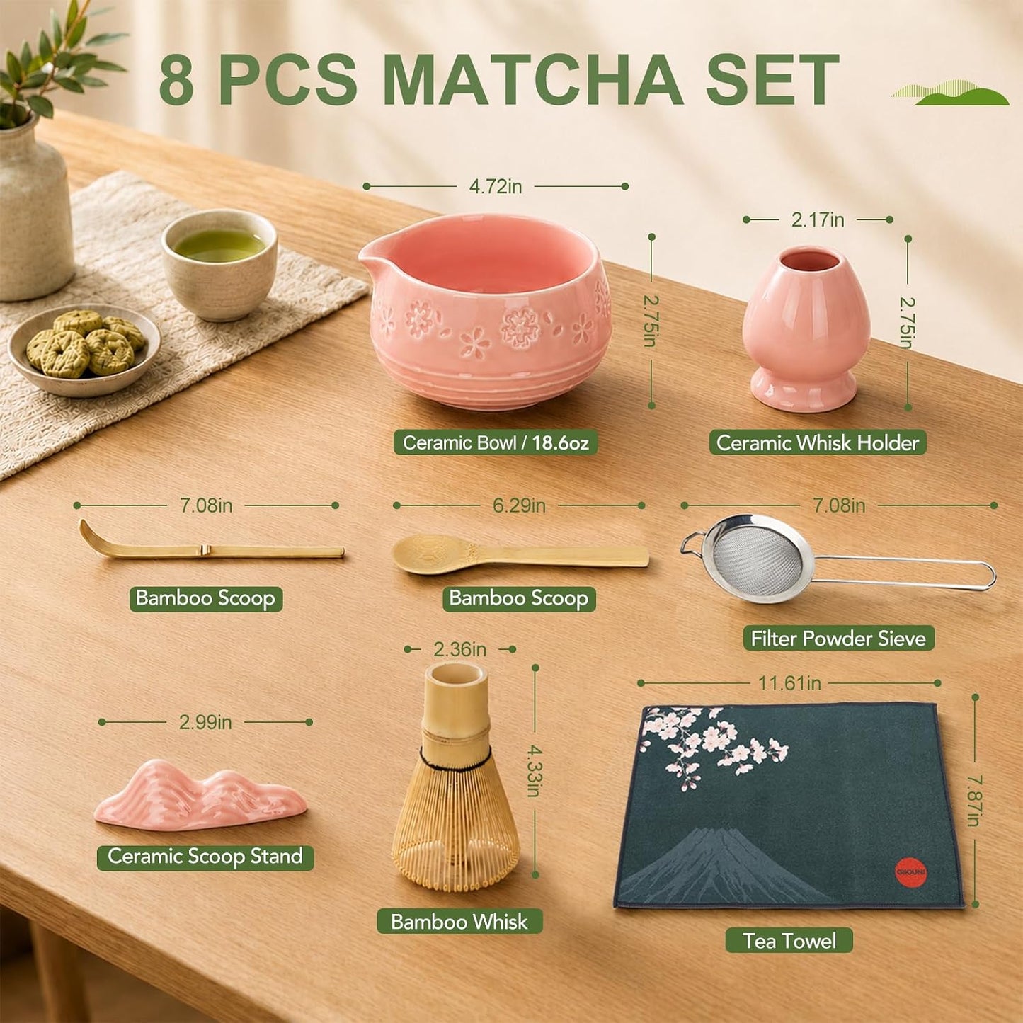 Matcha Whisk Set with 550ml Spouted Ceramic Bowl, 80-Prong Bamboo Chasen, Stainless Steel Sifter, Whisk Holder & Scoop – Complete Japanese Matcha Kit for Beginners, Gift Set for Tea Lovers-Pink