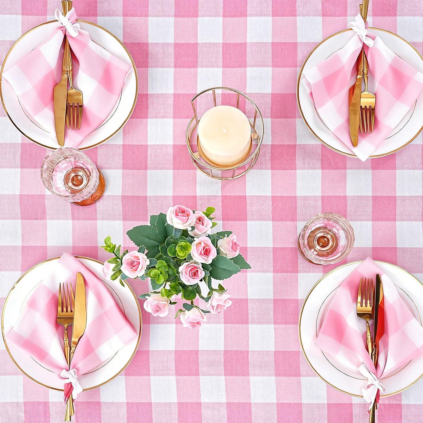 B-COOL Pink Plaid Tablecloth Easter Checkered Tablecloth Fabric Pink and White Gingham Flag Table Cover for Parties, Valentines, Race Car Birthday Party, Birthday, Outdoor Picnic, 56x84inch